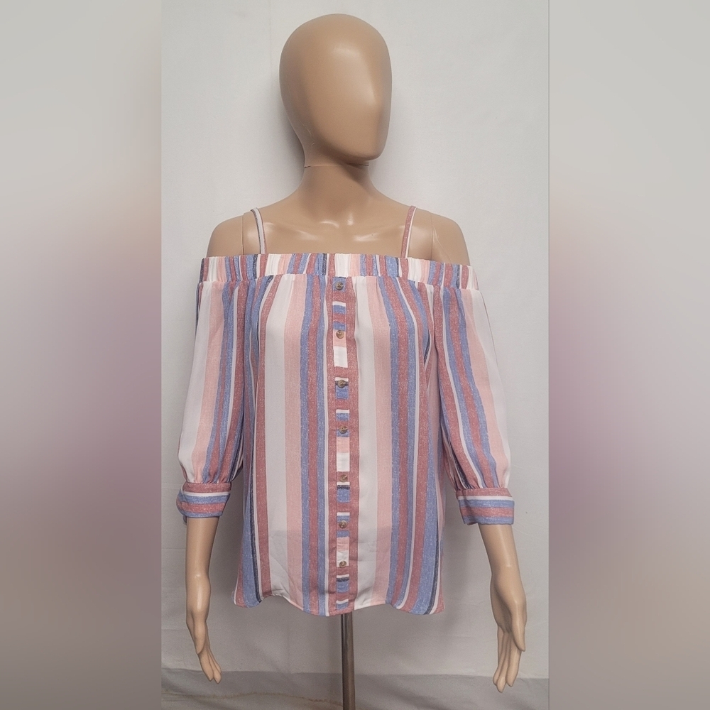 IZ Off Shoulder Top Elastic Chest 1/2 Tie Sleeves Faux Button Front Stripes M